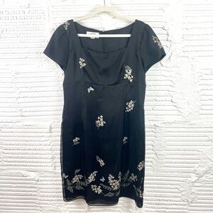 Anne Stanley 100% Silk Lined Black Dress Floral & Sequins Empire Waist Sheath 14